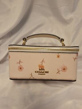 COACH Cream Pink Floral Mini Vanity Case with Gold Hardware